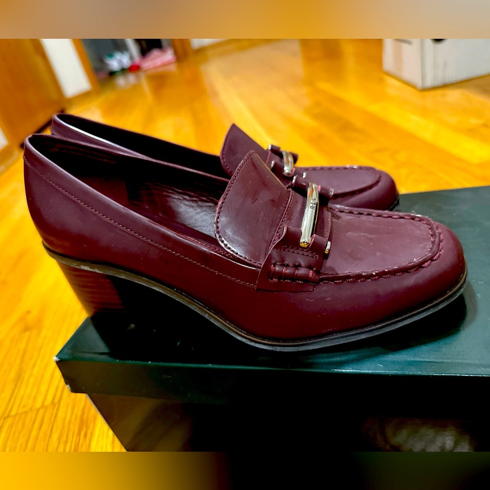 Lauren Ralph Lauren Womens 9 B Block Heel Leather Dalena Burgundy Heeled Loafer